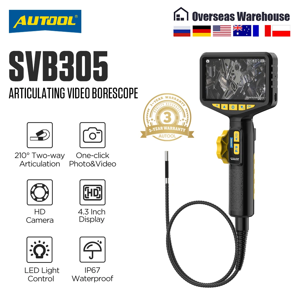 AUTOOL SVB305 1080 HD Automotive Industrial Endoscope with 6pcs Lights Car Repair Endoscope Inspection Camera for IMG & Video