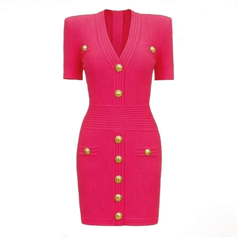 

Quality Women's Knitted Short Dress 2025 New Style Commute Classic V-neck Button Short Sleeve Midi Skirt Zipper Casual Wear