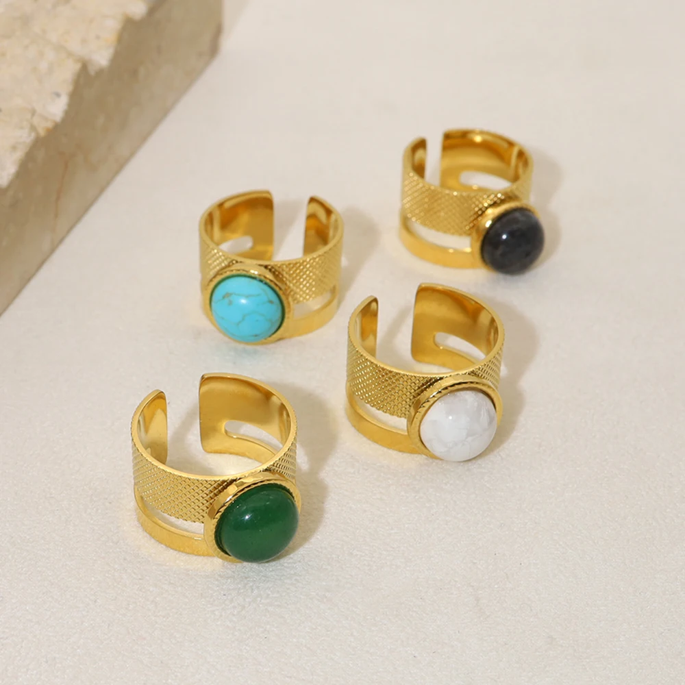 WILD & FREE 18K مطلية بالذهب الفولاذ المقاوم للصدأ خواتم واسعة للنساء الحجر الطبيعي الفيروز الاتجاه المجوهرات الجمالية #4