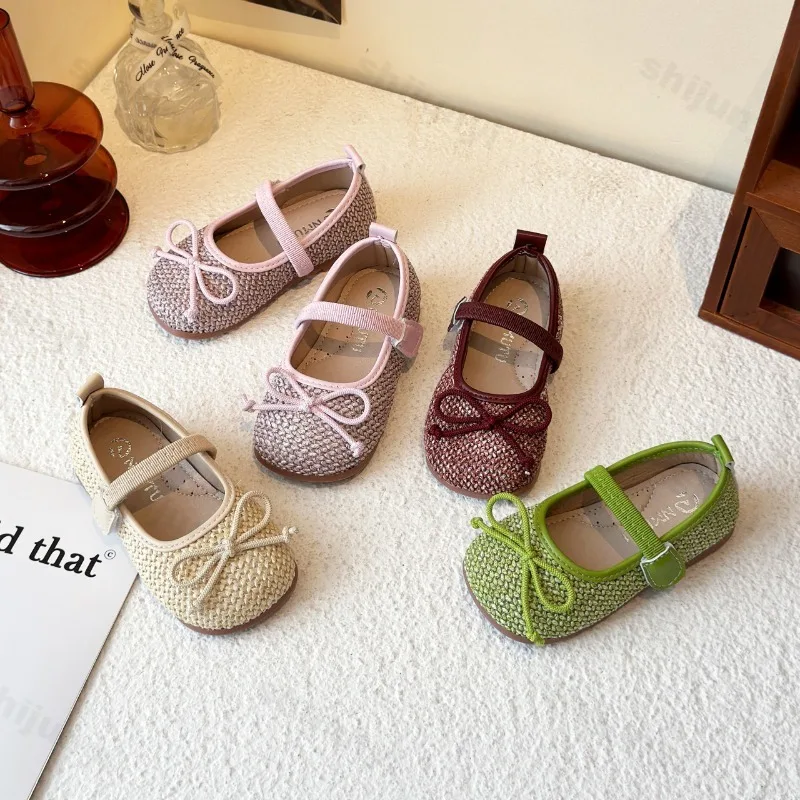 

Girls' Bow Woven Design Fashion Shallow Mouth Casual Single Shoes 2025 Autumn New Children Comfortable Soft Soled Princess Flats