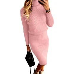 Elegant Solid Color Knitted Suits Women Turtleneck Sweater Elastic Waist Skirt Female Autumn Winter Warm Commuter Two-piece Sets