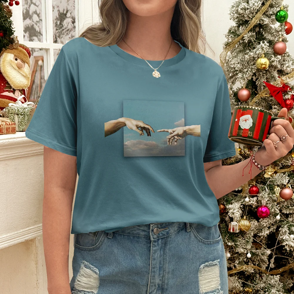 Blue Women's Handmade Art Design Casual T-shirt - Modern Art Style Summer Short Sleeve