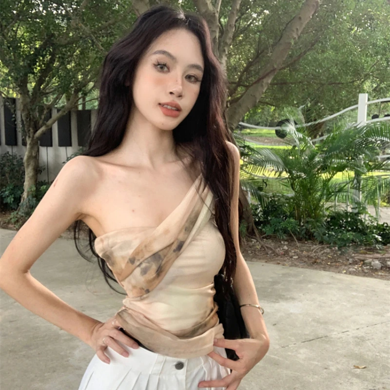 الصيف المطبوعة شبكة قمم للنساء عطلة الشاطئ مثير واحد الكتف بروتيل العصرية الجديدة الساخنة ضئيلة قصيرة حار فتاة تانك الأعلى #3