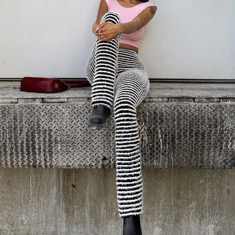 

Talenza Women's Contrast Striped Pants Vintage High-Waisted Slim Sports Pants Slim Fashion Autumn Winter Female Pants Streetwear