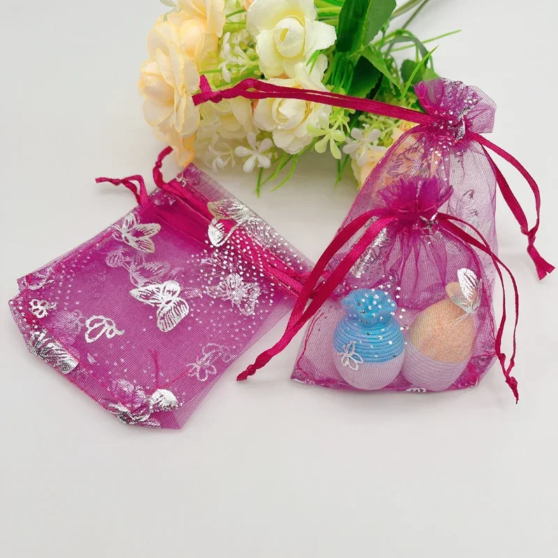 

Rose Red Organza Gift Bags, Wedding Packaging, Jewelry Storage Bags, Butterfly Sachet, Drawstring Pouches, 100Pcs