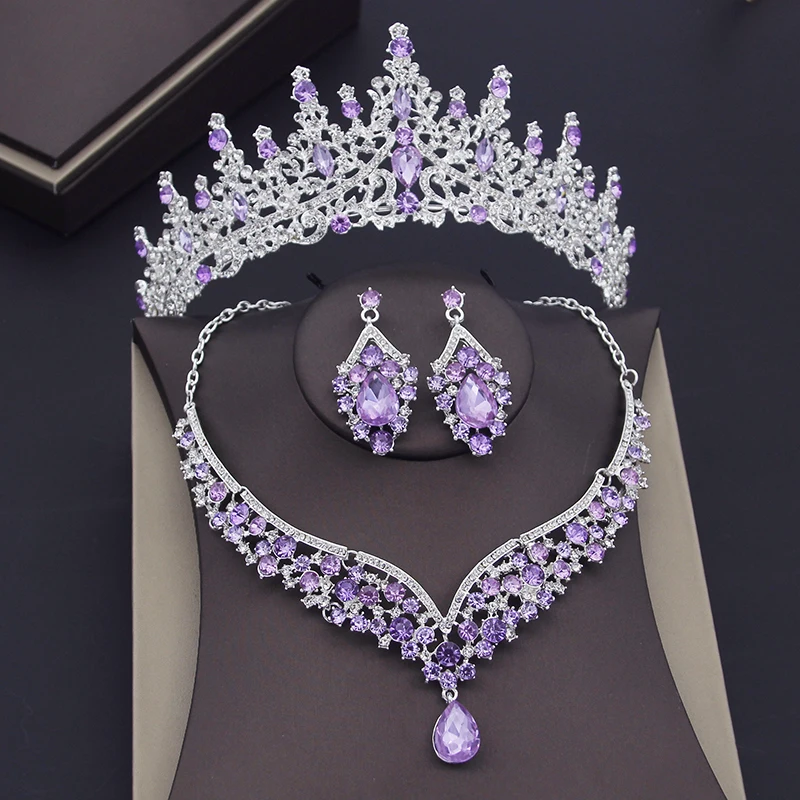 Luxury Purple Crystal Sets Bridal Jewelry Sets for Women Crown Earring Necklace Wedding Tiaras Bride Dubai Jewelry Sets