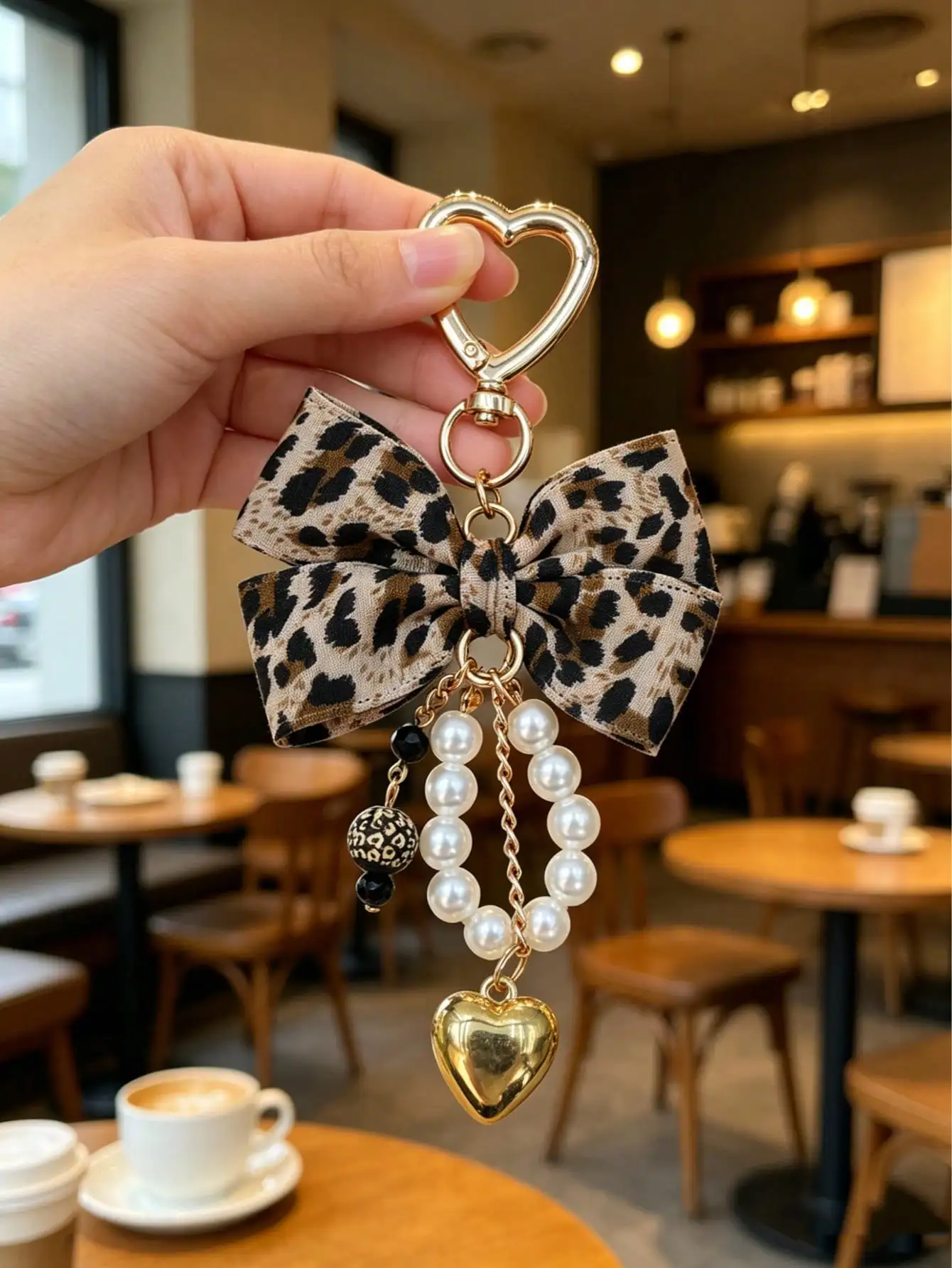 Leopard Print Bow Keychain Heart Pendant Women's Bag Simple Charm Pearl Keychain Beaded Charm Gift For Women