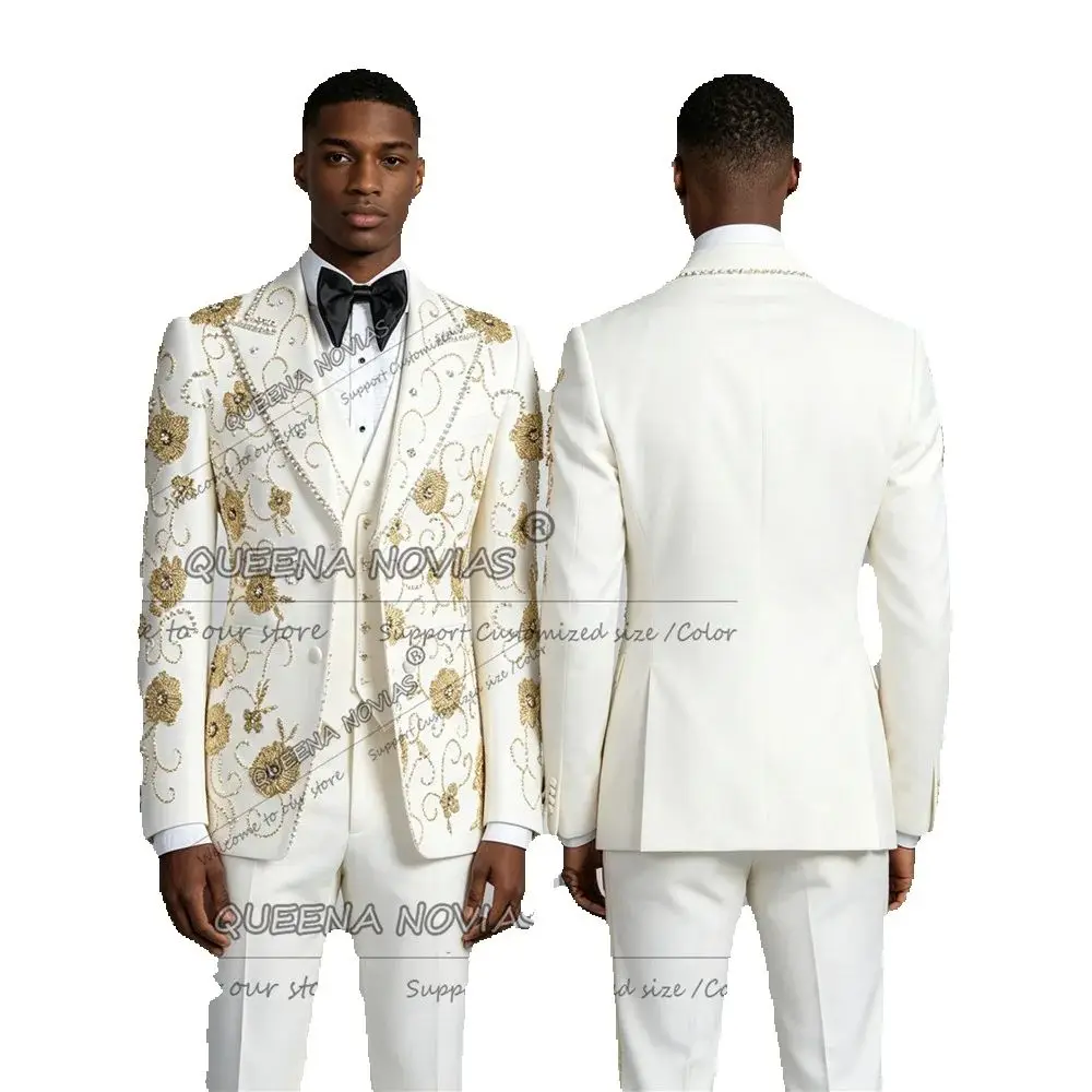 

Handmade Suits Men For Wedding Crystals Beading Prom Blazer Custom Made 3 Piece Set Groom Tuxedo Attire Man Evening Party Outfit