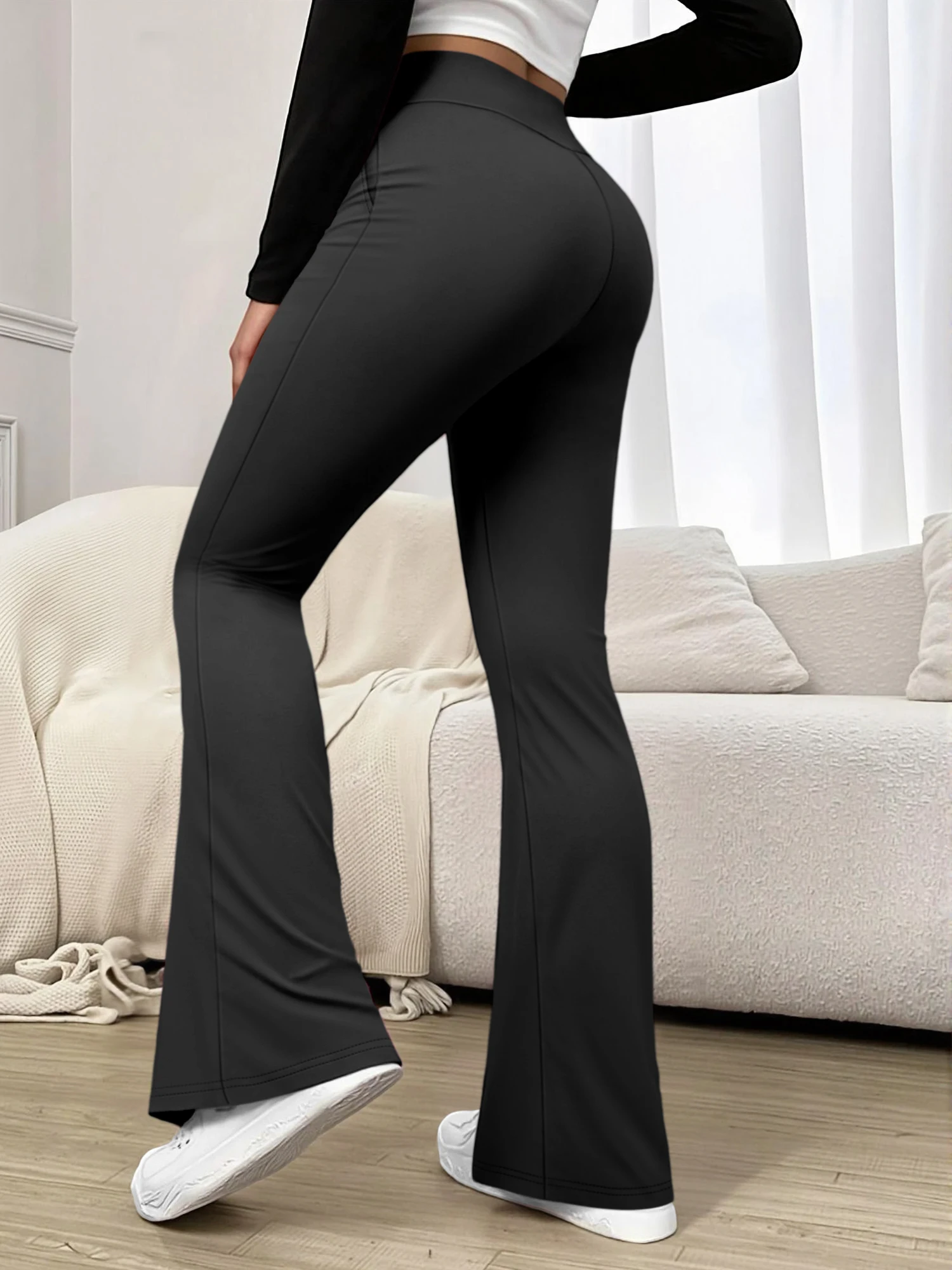 Solid Color Women Bell Bottom Yoga Pants High Waist Side Pockets Soft Stretch Gym Yoga Jogging Casual Trousers