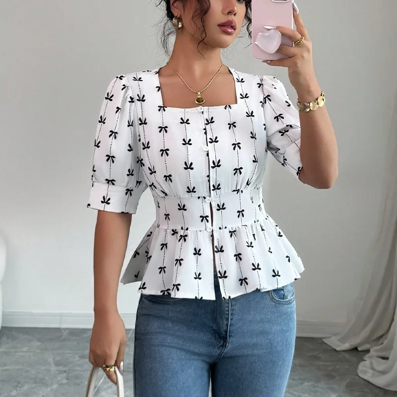 

V-neck Shirt 2025 Summer New European and American Style Short-sleeved Blouse Cardigan Skirt for Women