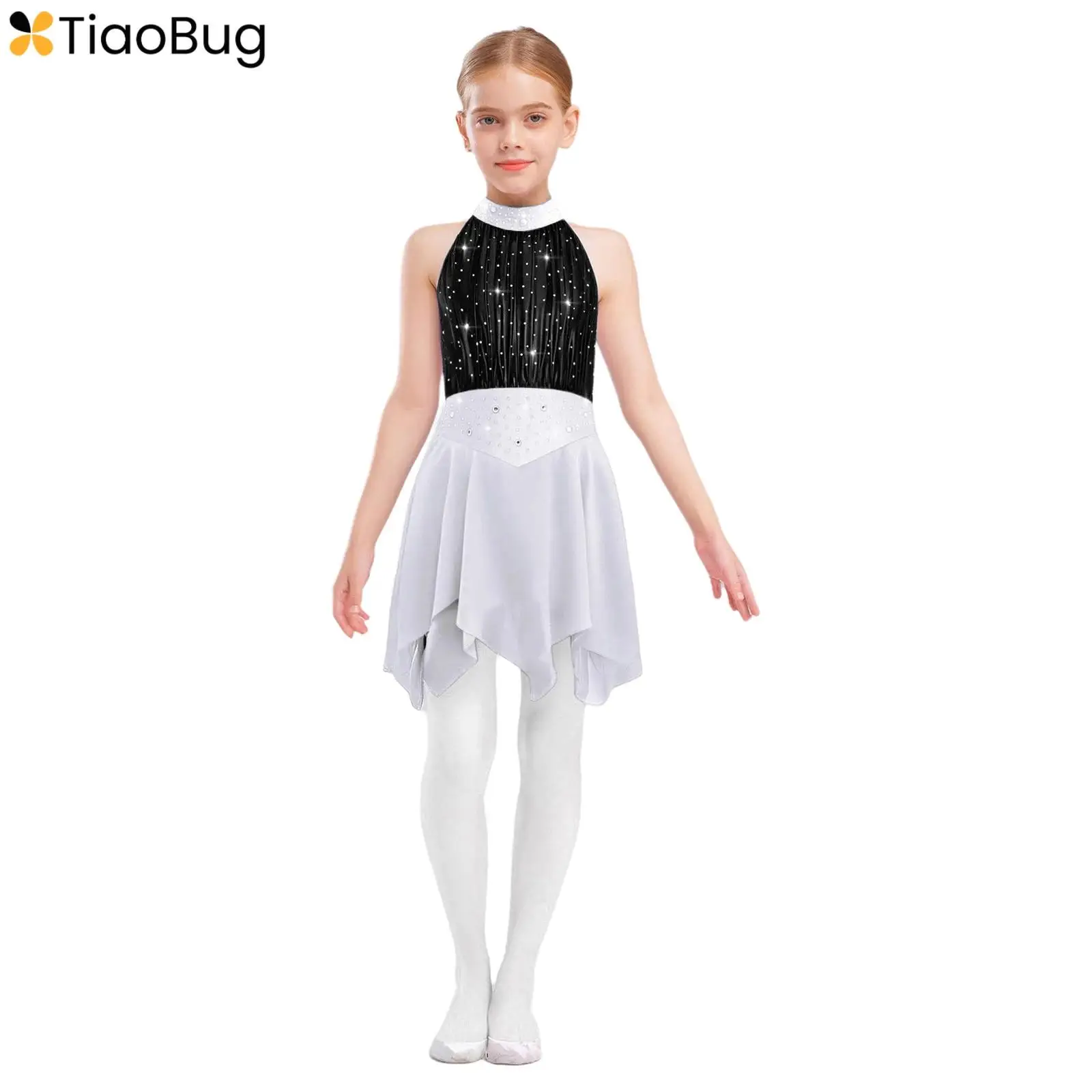 

Kids Girls Lyrical Dance Dress Chiffon Sleeveless Shiny Rhinestones Metallic Mesh Irregular Hem Dress Ballet Modern Dancewear