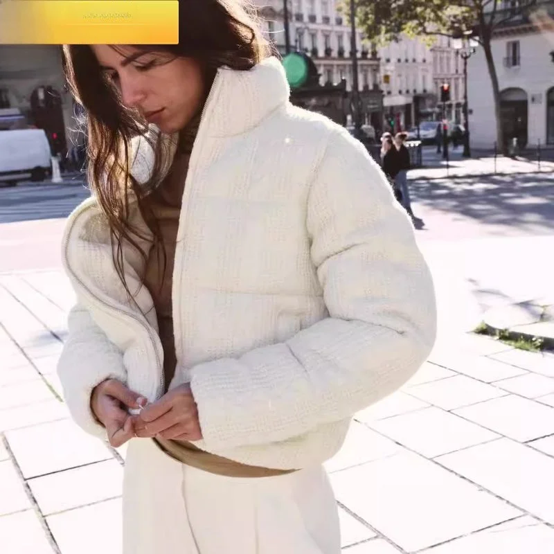 Women's White Cotton Jacket Stand Collar Knitted Thick Warm Short Coat New Autumn Winter Fashion Sweet Style Regular Sleeve