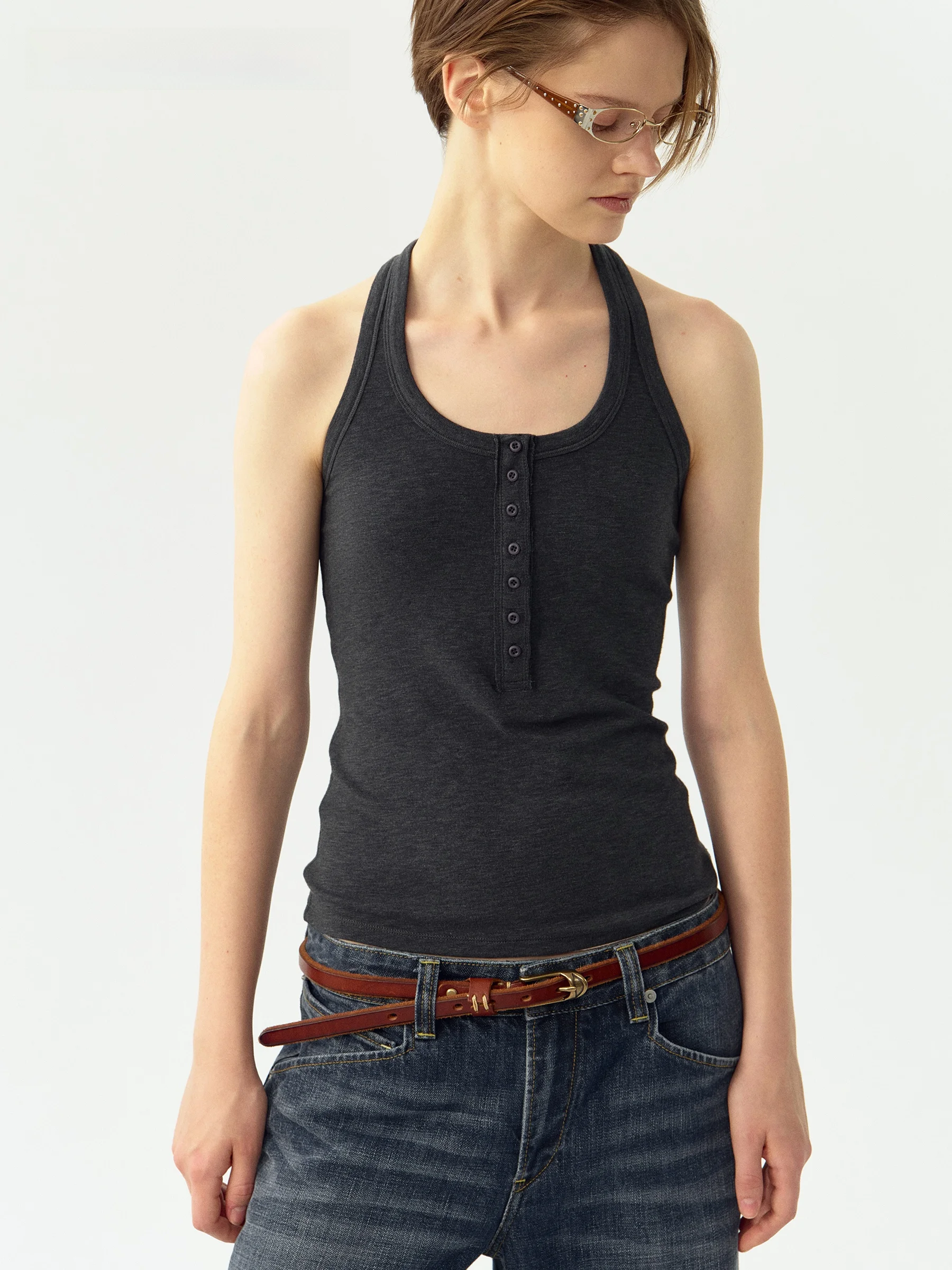 High Elastic Cotton Blend Henry Collar Decorative Hem Vest Vermod Slim Fit round Neck Vest Nylon Acrylic Polyester Blend Wome...