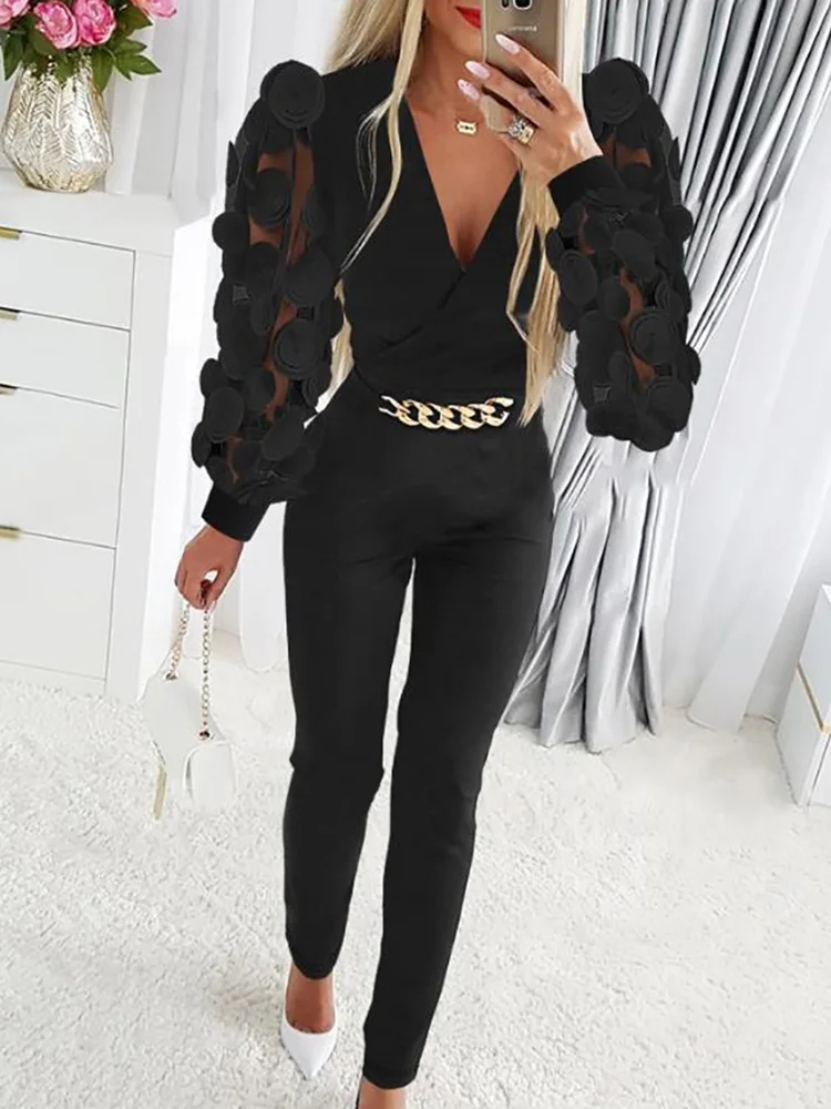 

V Neck Women Elegant Office Jumpsuits Chic Female Patchwork Chain Slim Rompers Casual Solid Long Pencil Pants Summer Overalls