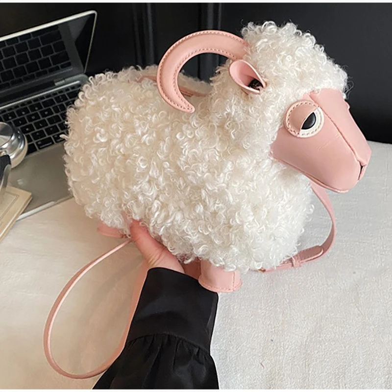 

Плюшевая сумка через плечо в виде милого мультяшного ягненка, пушистая сумка-кроссбоди из кудрявого меха, милая пушистая флисовая сумка с элементами из искусственной кожи, женская сумка-ханбаг