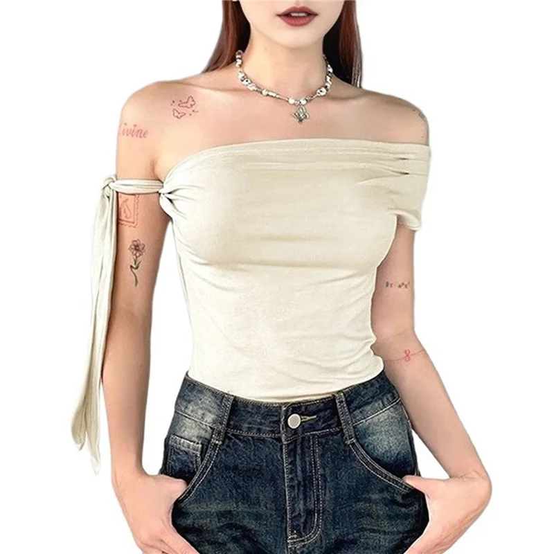 

FX-Women's Off Shoulder Double Lined Crop Tops 2025 Going Out Sleeveless Asymmetrical Y2k Tops