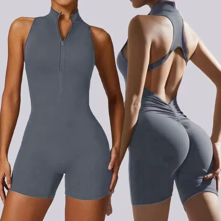 High Stretch Zip Up Jumpsuit for Women, Nude Feel One Piece Yoga Outfit, Tight Slim Fit Bodysuit Gym Workout Sportswear