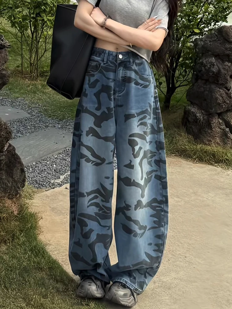

Y2K American Retro Camo Jeans Women Curved Knife Wide Leg Summer Loose Slimming Straight Floor Pants