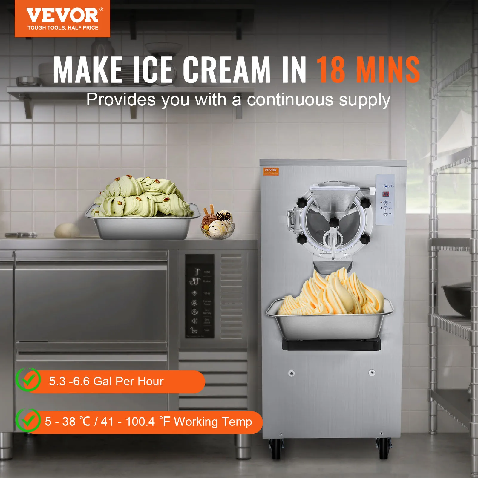 VEVOR Commercial Ice Cream Machine, 20-25L/H Yield, 2400W 1-Flavor Hard Serve Ice Cream Maker,  8L Stainless Steel Cylinder