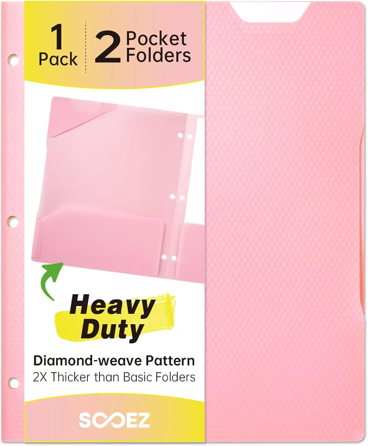 Sooez 2-Pocket Folders Heavy Duty, Plastic Folders with Pockets 3 Hole Punched, 1 Pack Pockets Folder for 3 Ring Binder with Writable Label, Letter Size,Pink