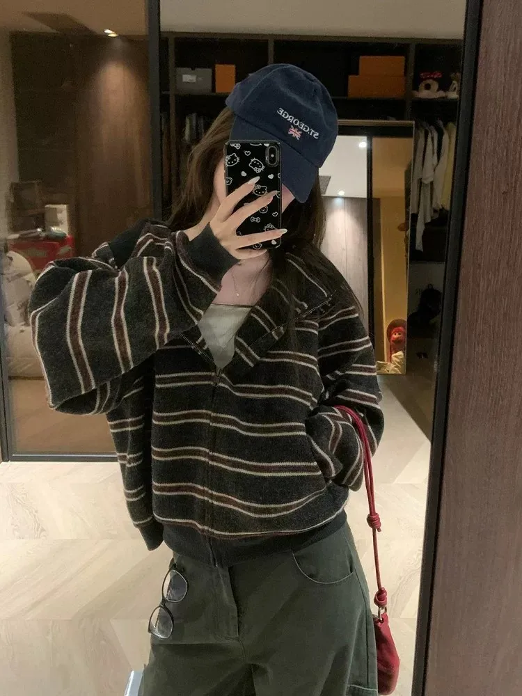 Retro Striped Hoodie Jacket Women's Loose Concealing Zipper Long Sleeve Warm Casual Fashion Outerwear Autumn Winter Top