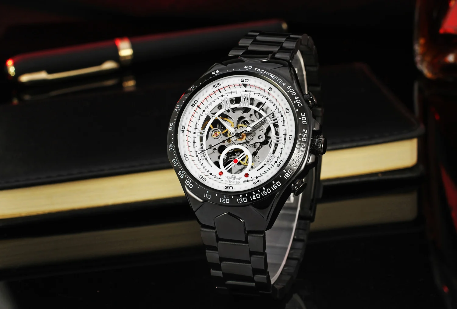 ساعة T-WINNER Business كاجوال للرجال أوتوماتيكية هيكل عظمي ميكانيكية ريترو سوداء مجوفة من الفولاذ المقاوم للصدأ ساعة يد رياضية للرجال