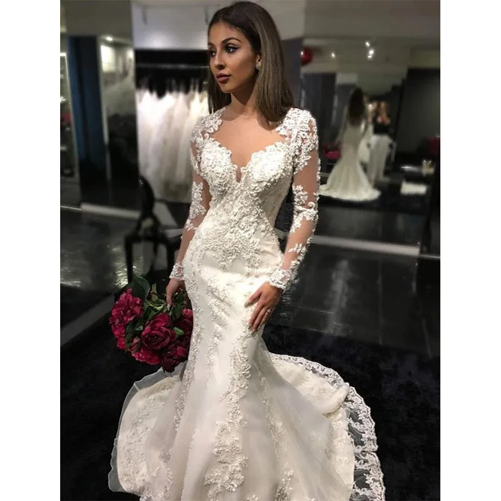

New Mermaid Wedding Dresses With Lace Appliques Sheer Backless With Buttons Covered Long Train Bridal Gowns Customized