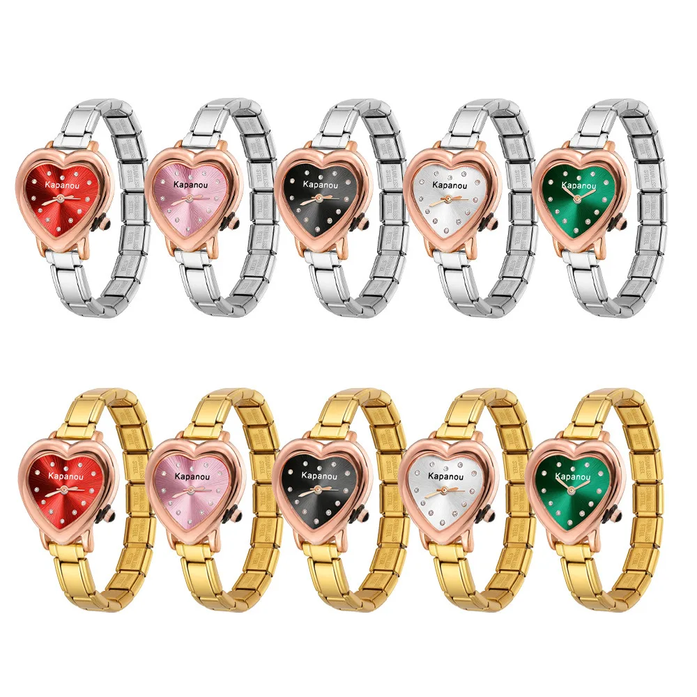 Women Heart Shape Dial Quartz Watch Stainless Steel Italian Modular Bracelet Wristwatch Rhinestone Inlaid Lady Dress Watch Gift