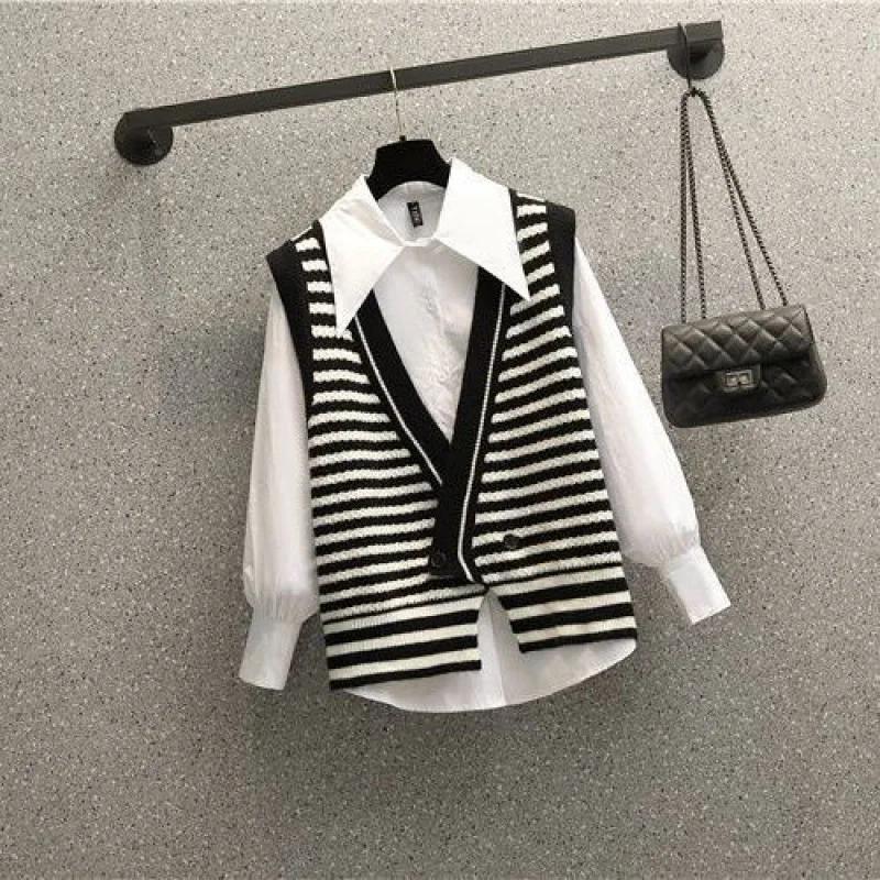 2022 Black White Striped Pants Set Casual Vest Shirt Teousers Three Piece Set Elegant Women\'s Tracksuit Female Clothing