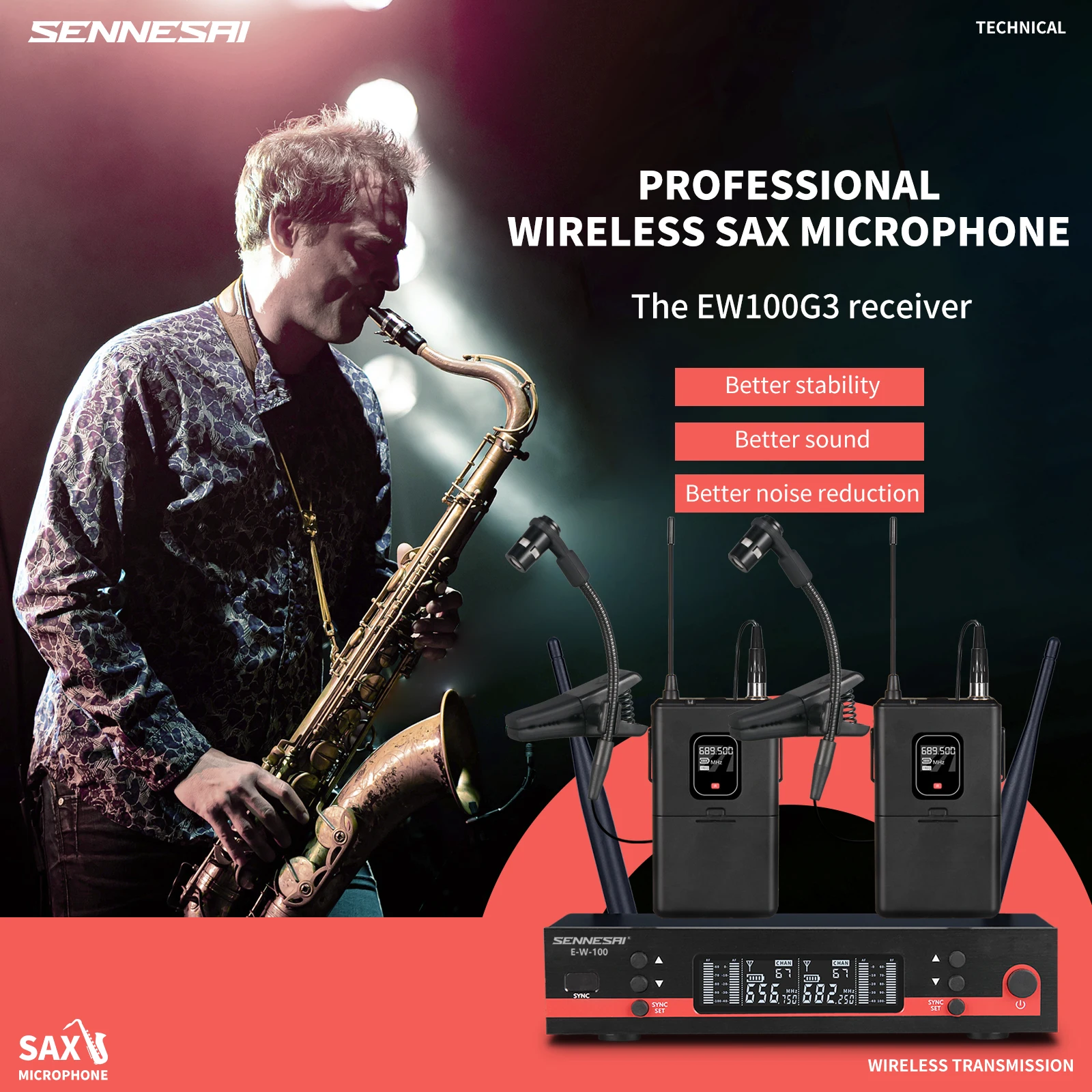 EW100-G3 EW300-G3 Professional Wireless Instruments Saxophone Microphone 600-699MHz UHF Dual Channel，Brass Percussion Mic