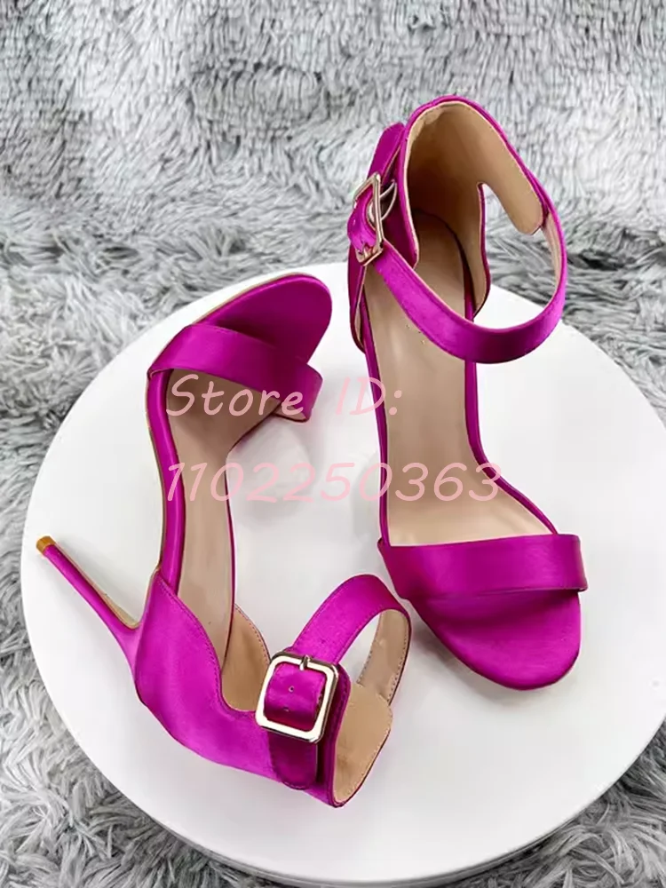 

Metal Buckle Straps Solid Stilettos Sandals Round Open Toe Thin High Heels Elegant Strappy Pumps 2024 Women Concise Dress Shoes