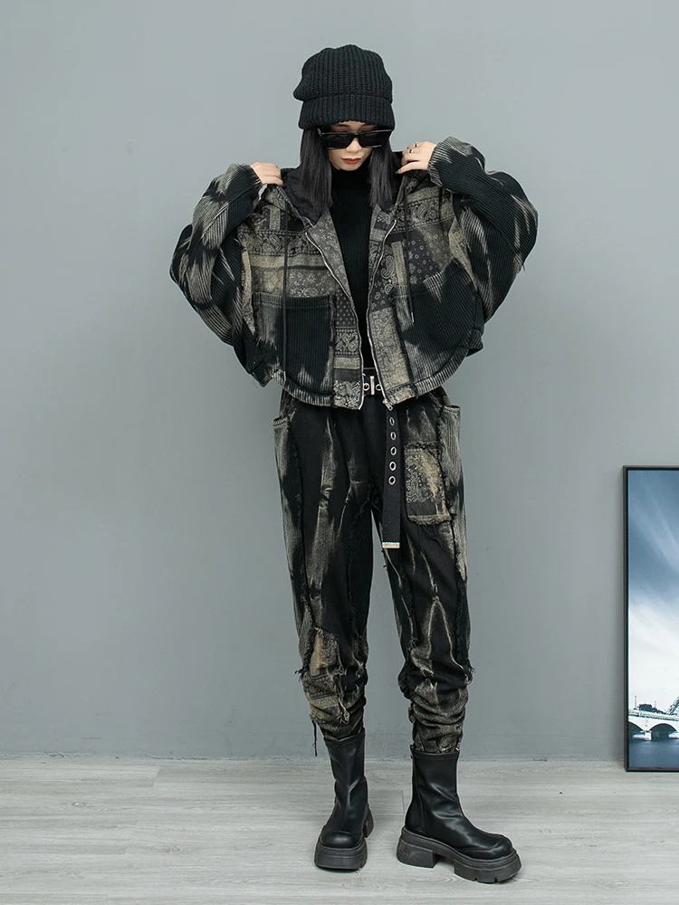 Trendy Vintage Printed Black Pant Set Women Cotton Thick Hooded Jacket + Pant Two-piece Set Women 2024 Autumn Winter ZF250