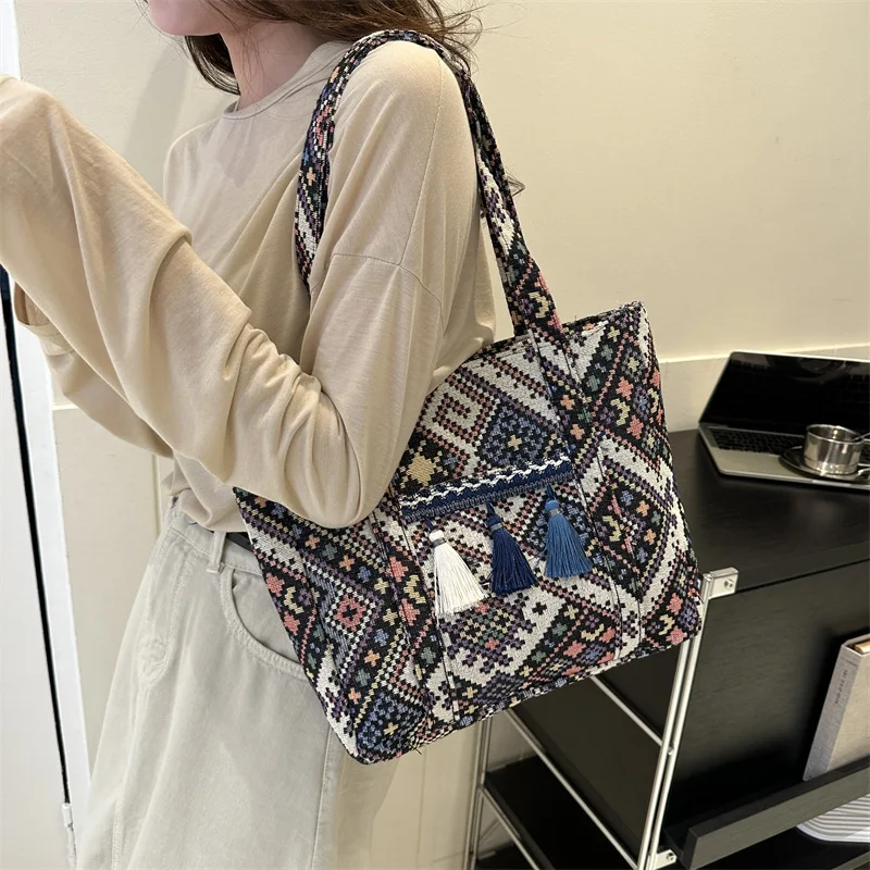 Commuting Tassel Ethnic Style Contrasting Embroidery Thread Large Capacity Single Shoulder Hand-Held Tote Bag for Women