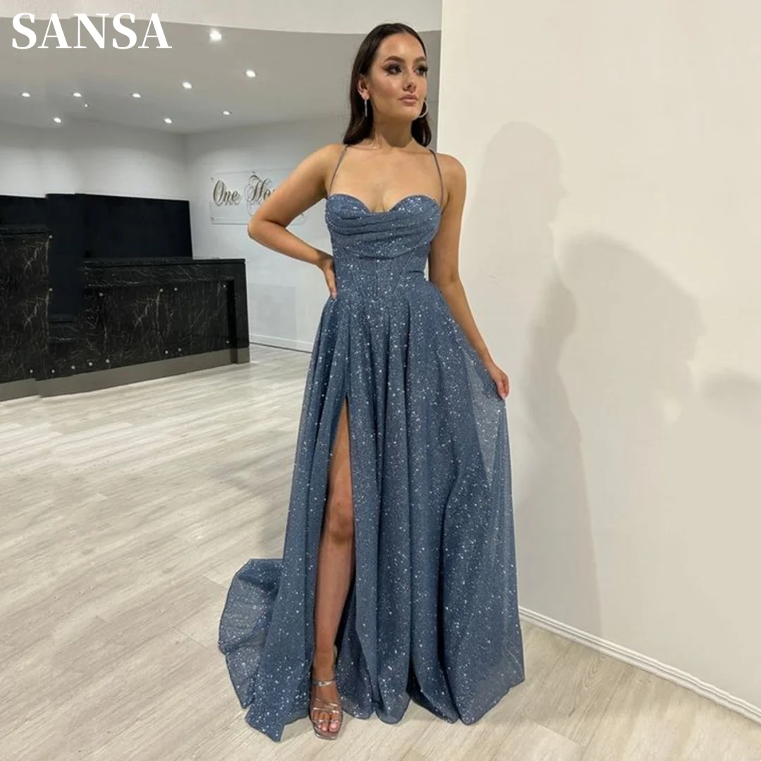 Sansa Sexy Side Split فساتين السهرة Shiny Spaghetti Strap Vestidos De Noche Dark Blue Star Prom Dresses A-line Party Dresses