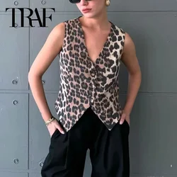 TRAF 2024 wzór w cętki kamizelka moda damska przycięta kamizelka bez rękawów kobieta moda V Neck kurtka w stylu vintage kamizelka krótkie płaszcze