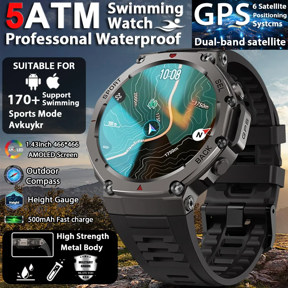 

2025 Military Smart Watch for Men Bluetooth Call 5ATM Waterproof Built-in GPS Compass Barometric Altimeter Sports Watches