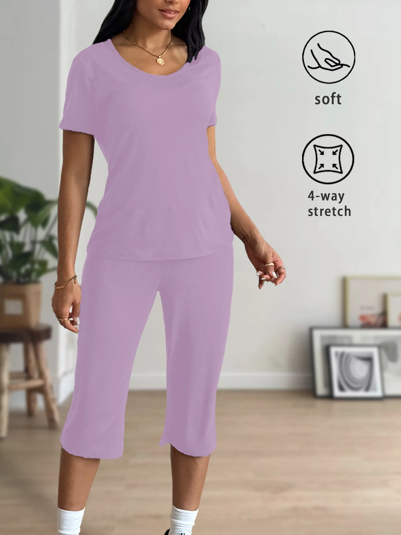 

Женский супермягкий пижамный комплект: топ с коротким рукавом и брюки-капри, комплект для сна и отдыха из 2 предметов