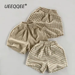 Summer Children Shorts 1-8Y Boys Girls Cotton Linen Striped Plaid Short Pants Casual Trousers Toddler Wear Kids Clothes 2024 New