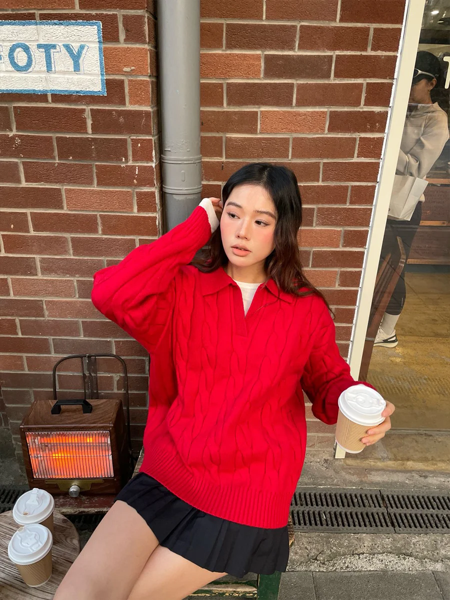 

Оригинальный винтажный вязаный свитер TENPSEN свободного кроя с воротником, красный, в корейском стиле, с длинными рукавами, повседневный трикотаж