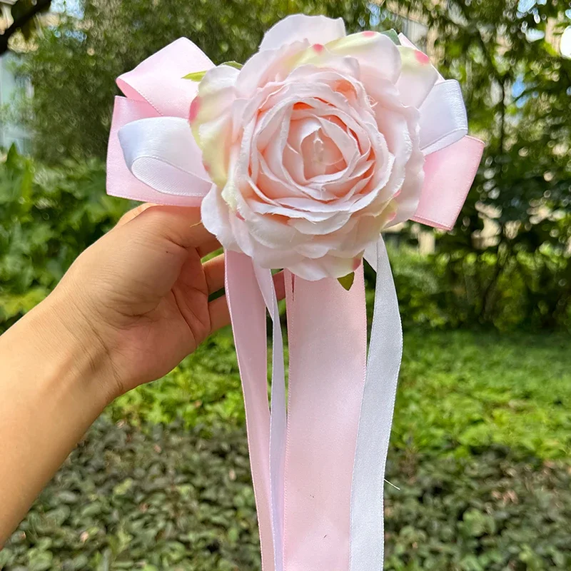 1pc Rose Rearview Mirror Flower Present Ribbon Light House Decorations Wedding Car Bride Props Artificial Rose Flower Swag