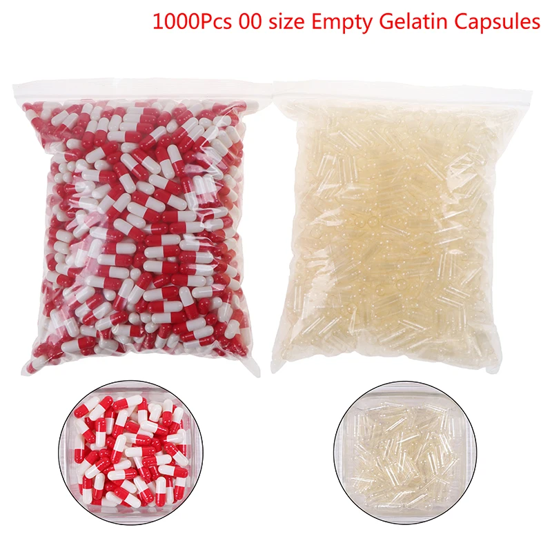 Cápsula de gelatina dura para armazenamento de medicamentos, vazio, vácuo, usado para suplemento de comprimidos, tamanho 00 #, 1000pcs