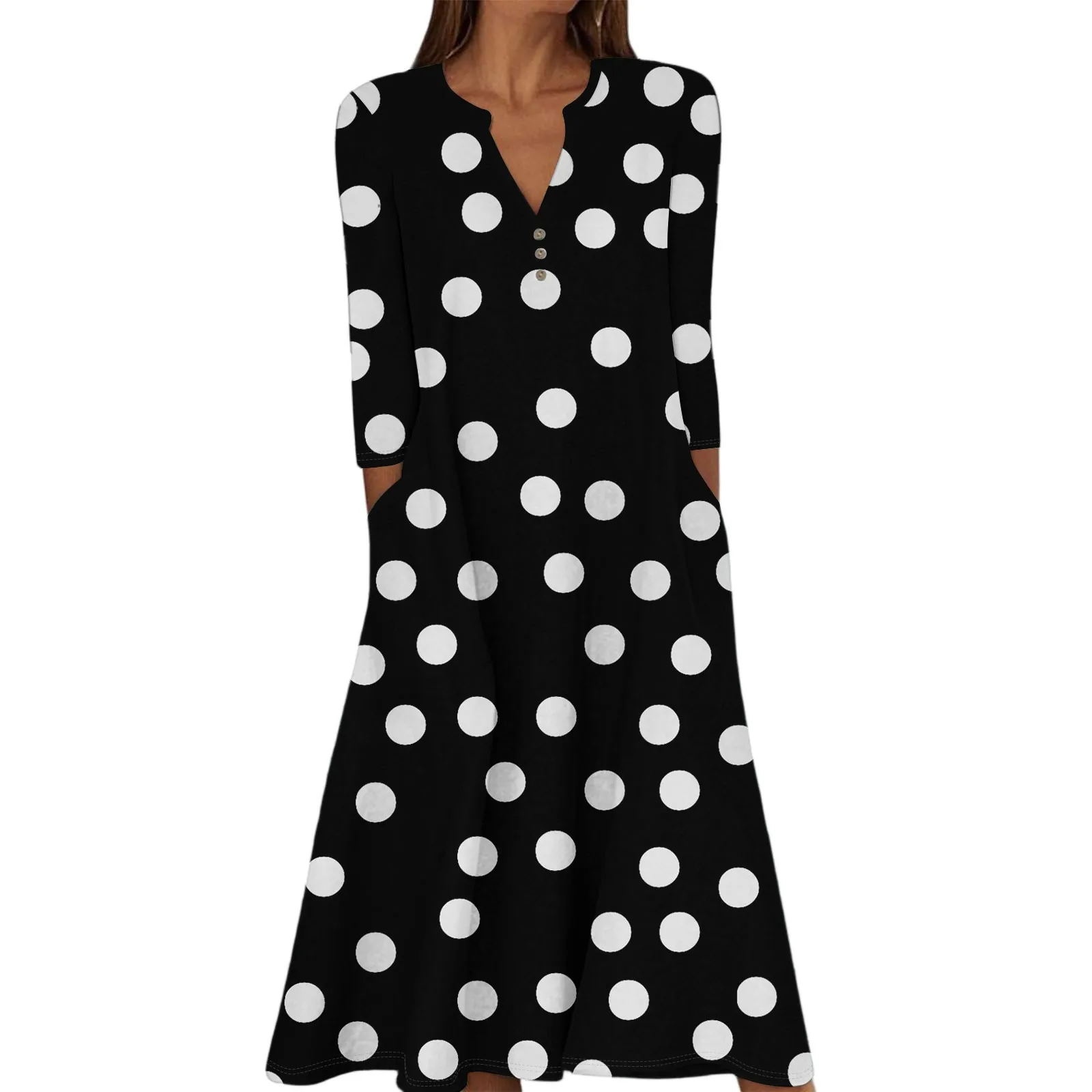 女性の夏のカジュアル V ネックボタンレトロ水玉プリント七分袖ロングドレスポケット付きエレガントな女性のドレス