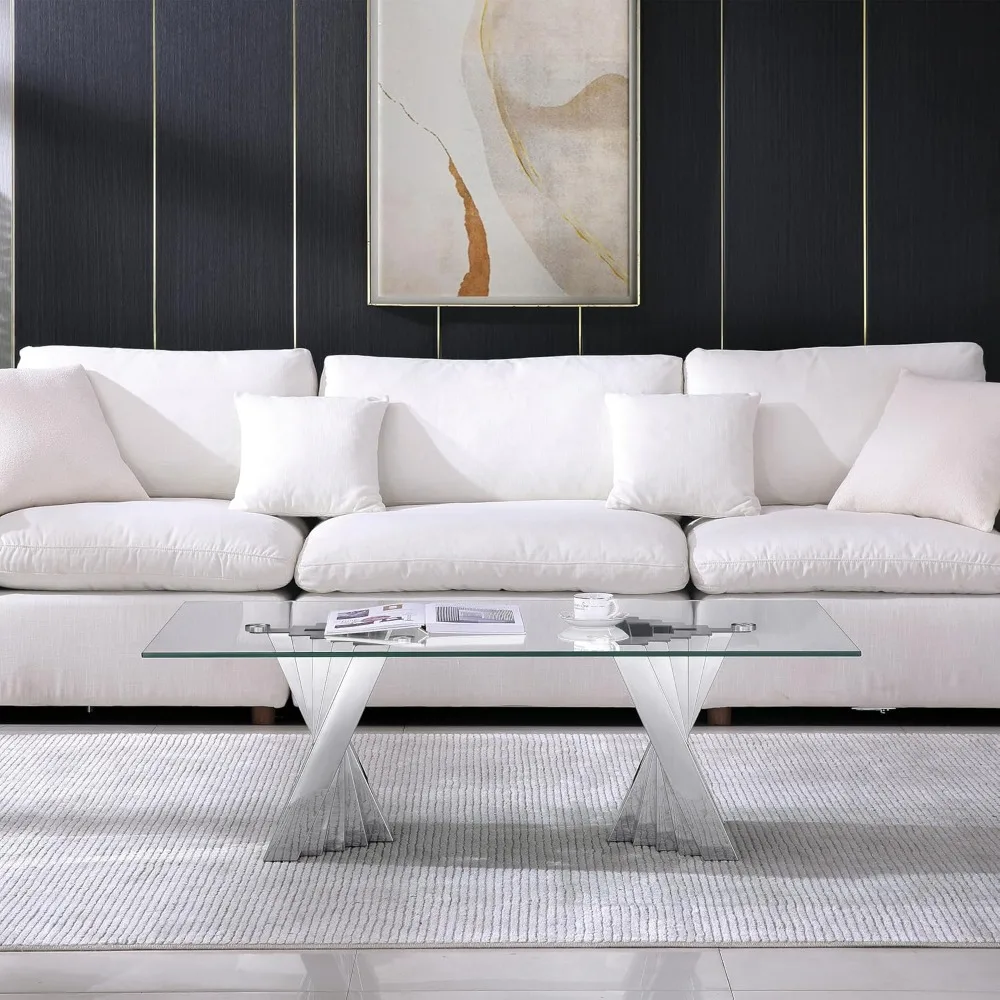 

Rectangular Glass Coffee Table, Modern Side Coffee Table w/Tempered Glass Living Room Table and Mirror Finished Stainless Steel