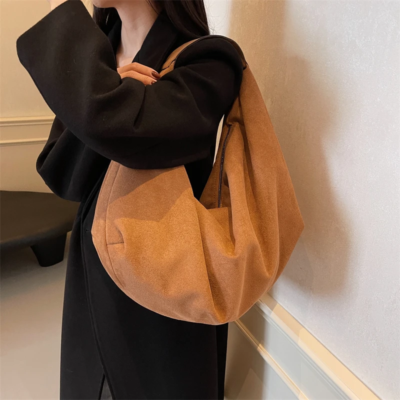 Women Half Moon Bags Large Capacity Hobo Shopper Bag High Quality Soft Faux Suede Bag Fashion Korean Female Underarm Tote Bags