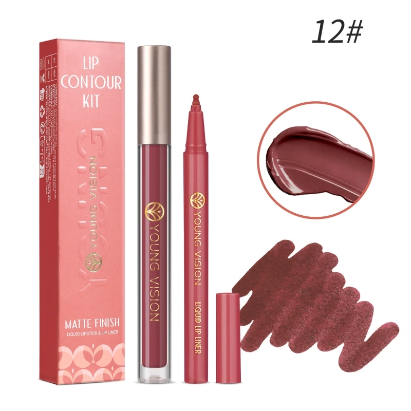 2× Lip Liner and Lipstick Makeup Set,1 Matte Liquid Lipstick + 1Matching Lip Liner Ones Step Lips Makeup Kits Dropship