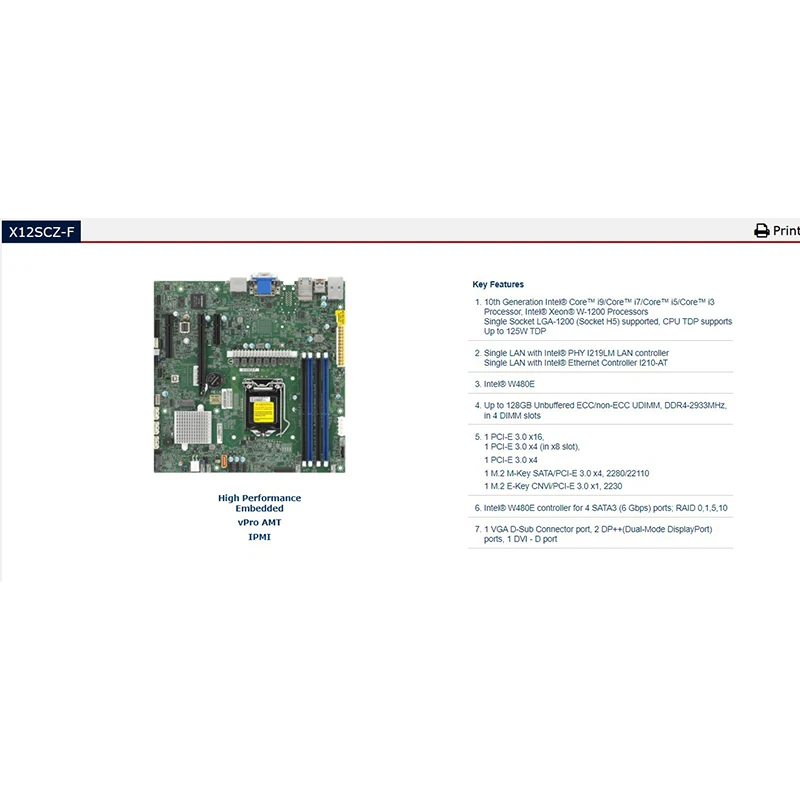 Original Server Motherboard For Supermicro X12SCZ-F Good Quality