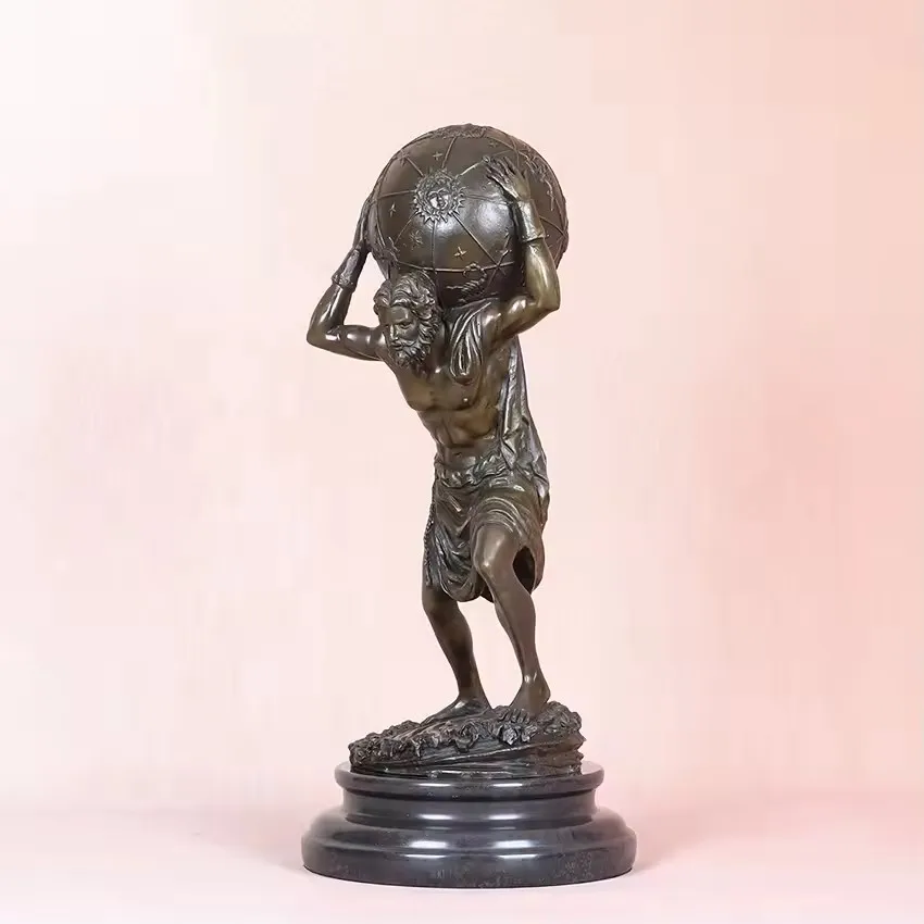 33CM Bronze Greek Titan Atlas Carrying The World Statue Antique Mythology God Sculpture Home Office Decor