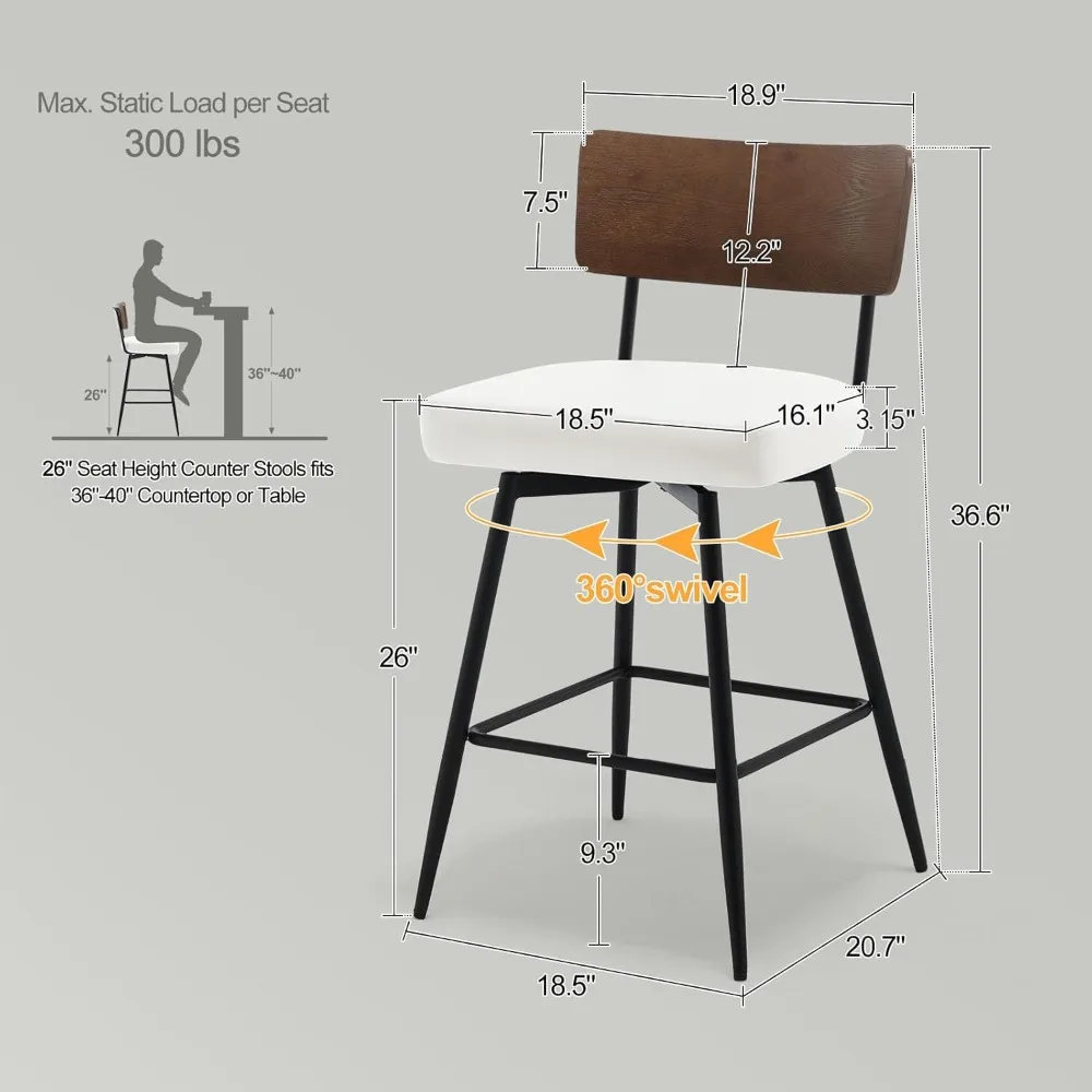 Counter Height Swivel Bar Stools Set of 3, Upholstered Faux Leather Barstools with Wood Backs and Metal Legs, 26