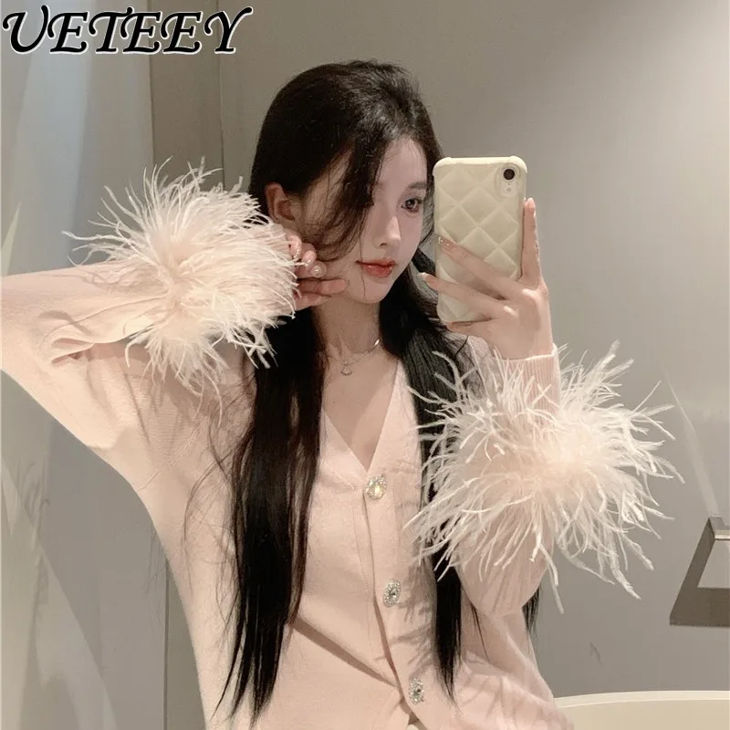 Spring New Hot Girl Deep V-neck Slim-Fit Slimming Milk Powder Color Knitted Cardigan Design Sense Niche French Ins Sweater Coat