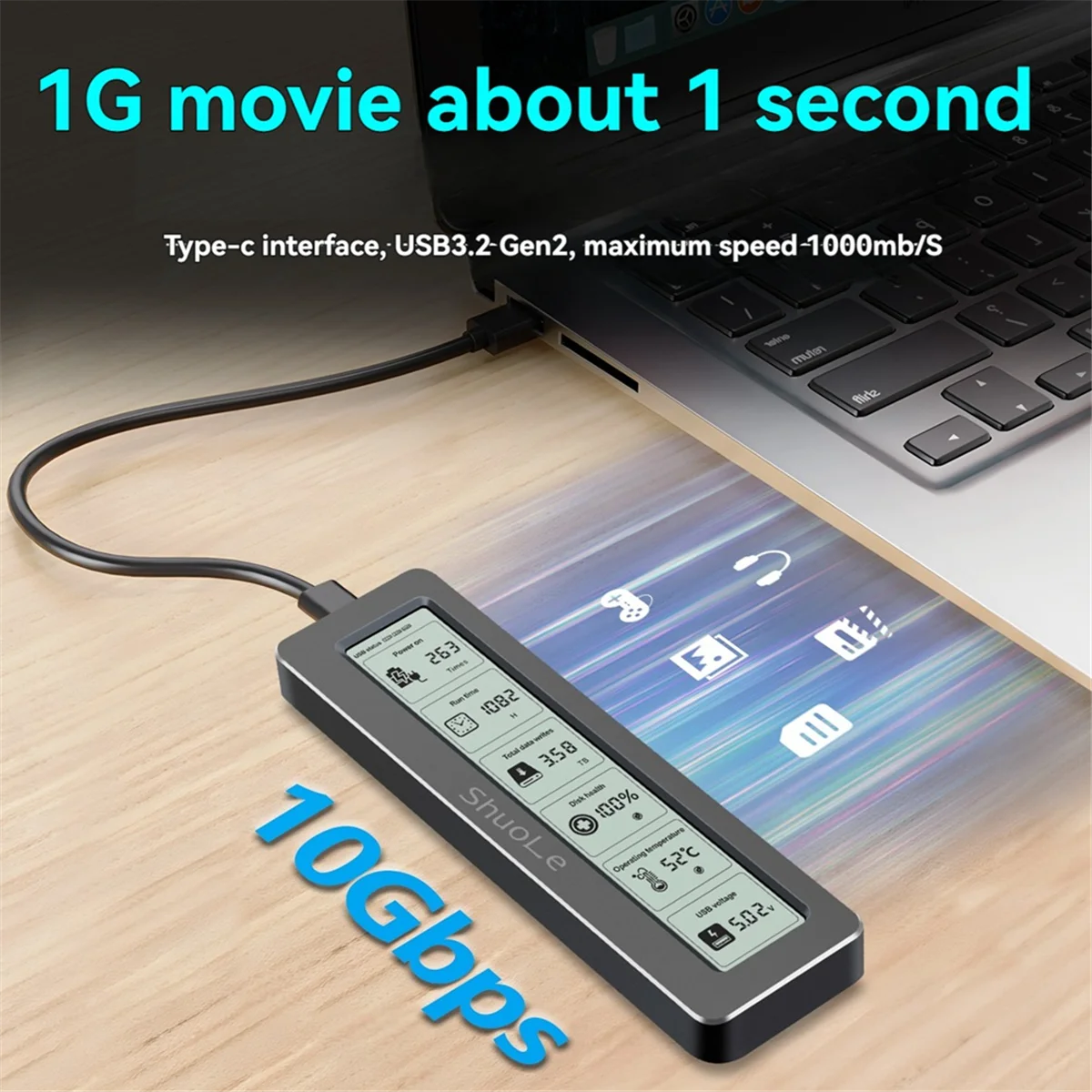 SHuoLe M. 2 NVME/NGFF Caja SSD de protocolo dual con pantalla Detección de salud digital inteligente Tipo-C 3,2 10 Gbps